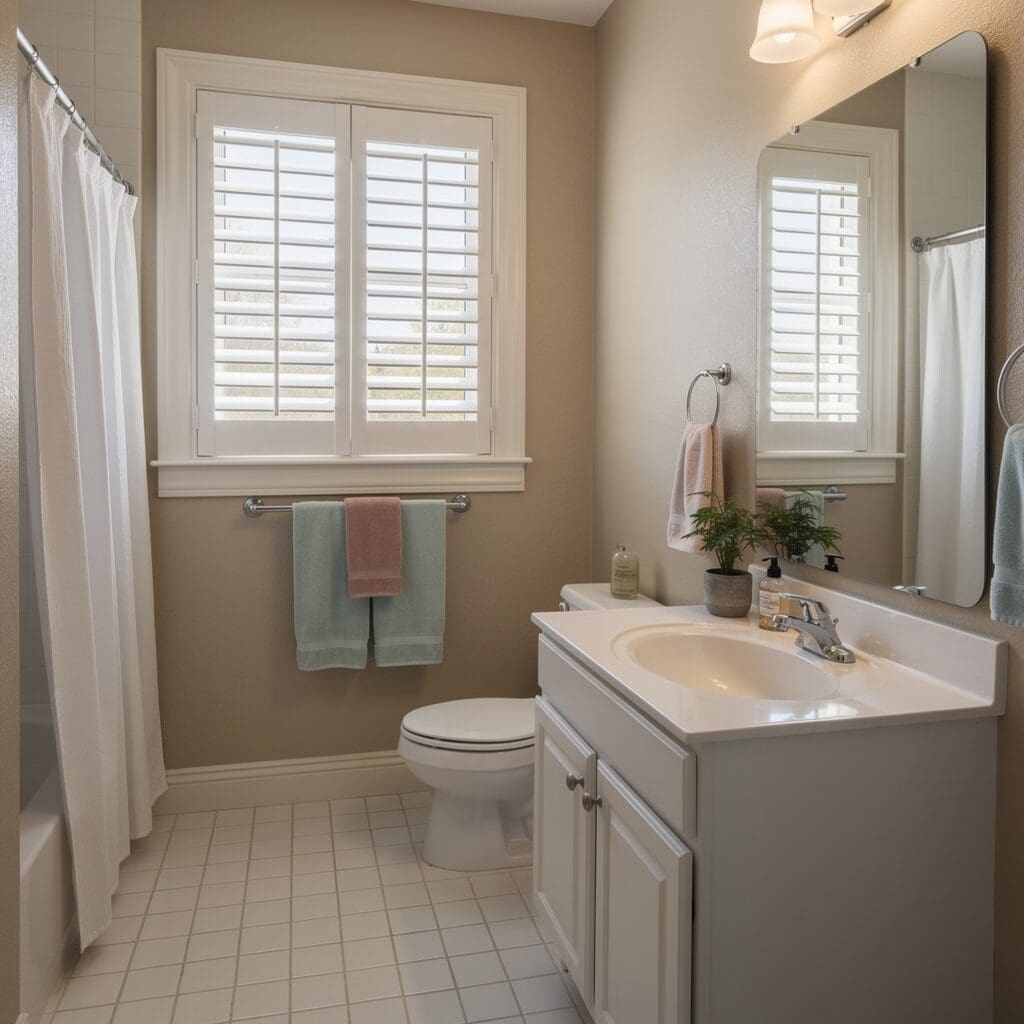 A comfortable bathroom has interior shutters on the window. 