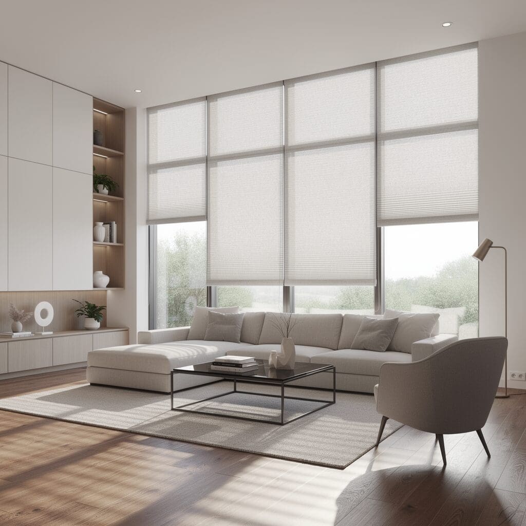 A bright living room with white furnishings has white solar shades on the tall windows. 