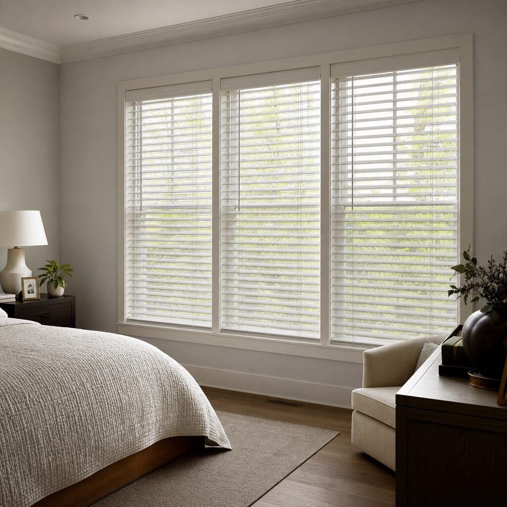 An elegant bedrroom has window blinds to help shade the room.