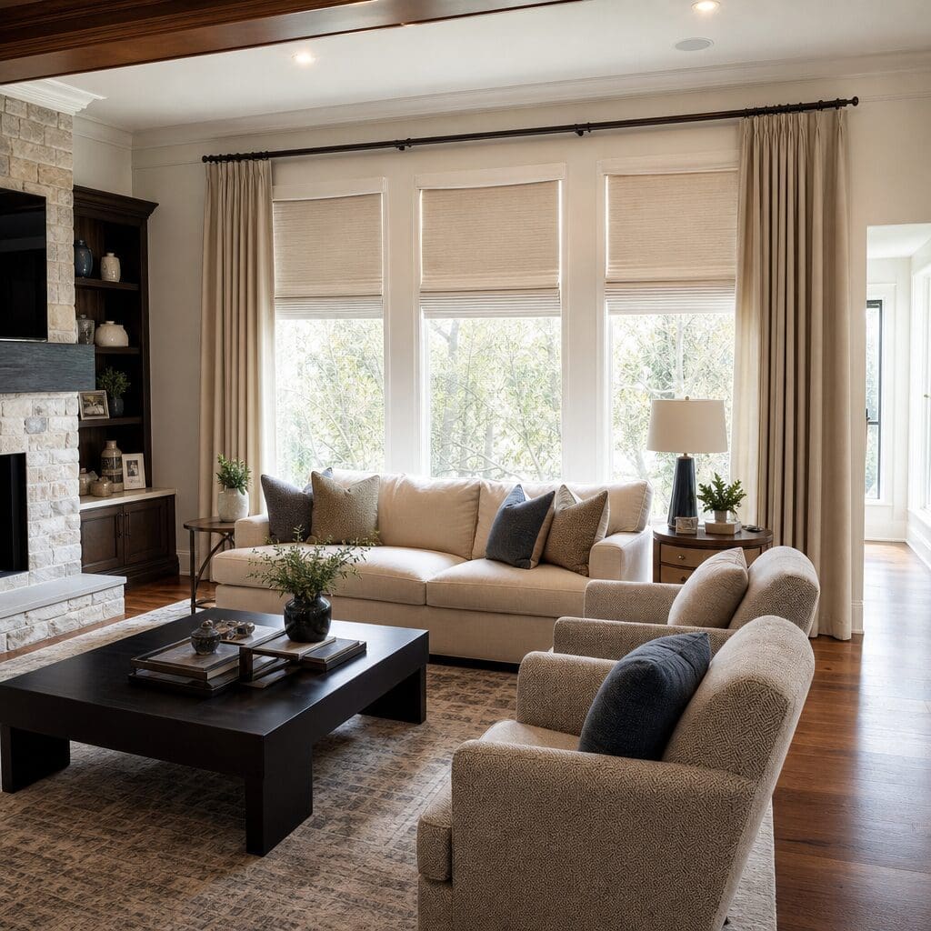 An elegant living room has roman shades and custom drapery to compliment the room.