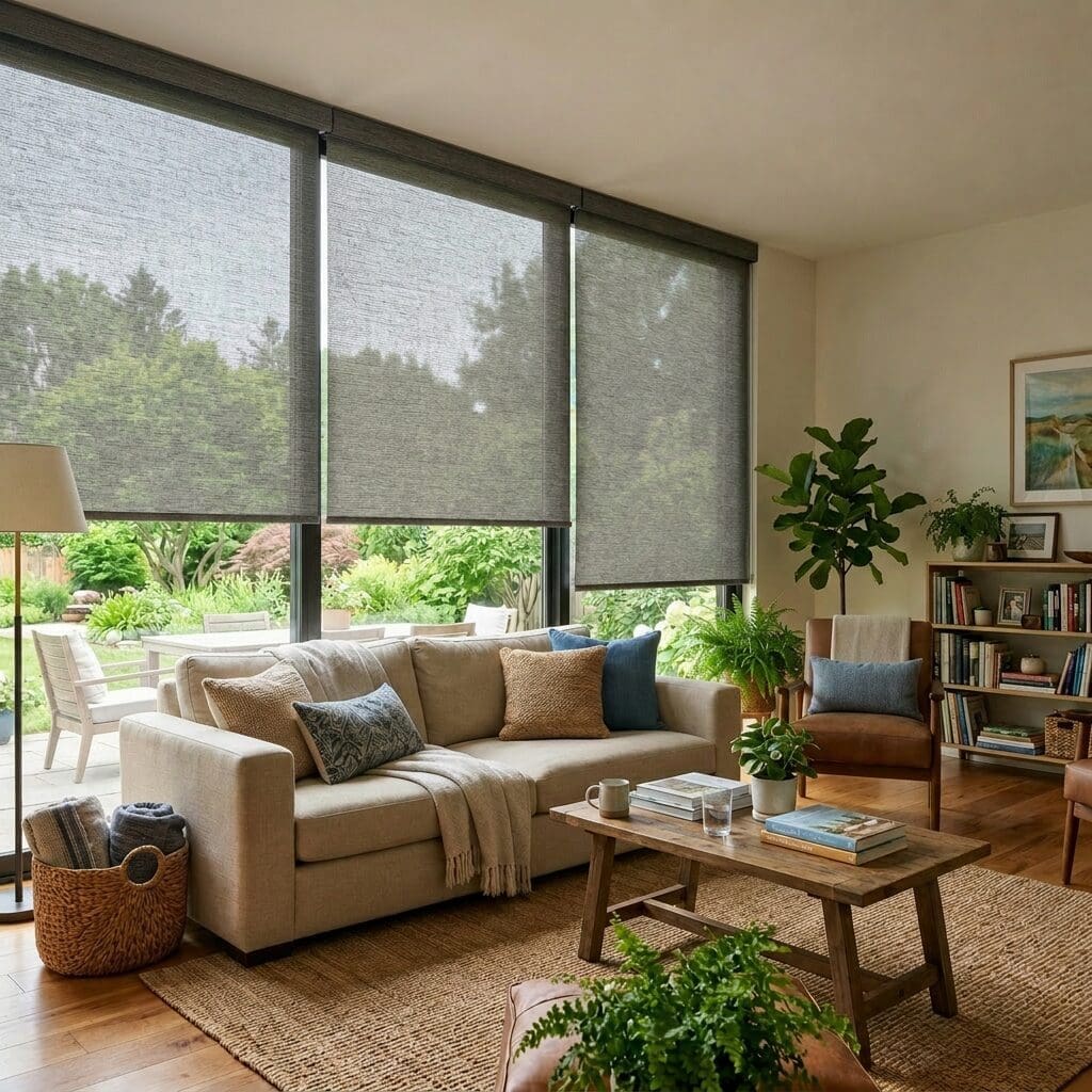 A comfortable living room during summer has solar shades to control heat and glare.