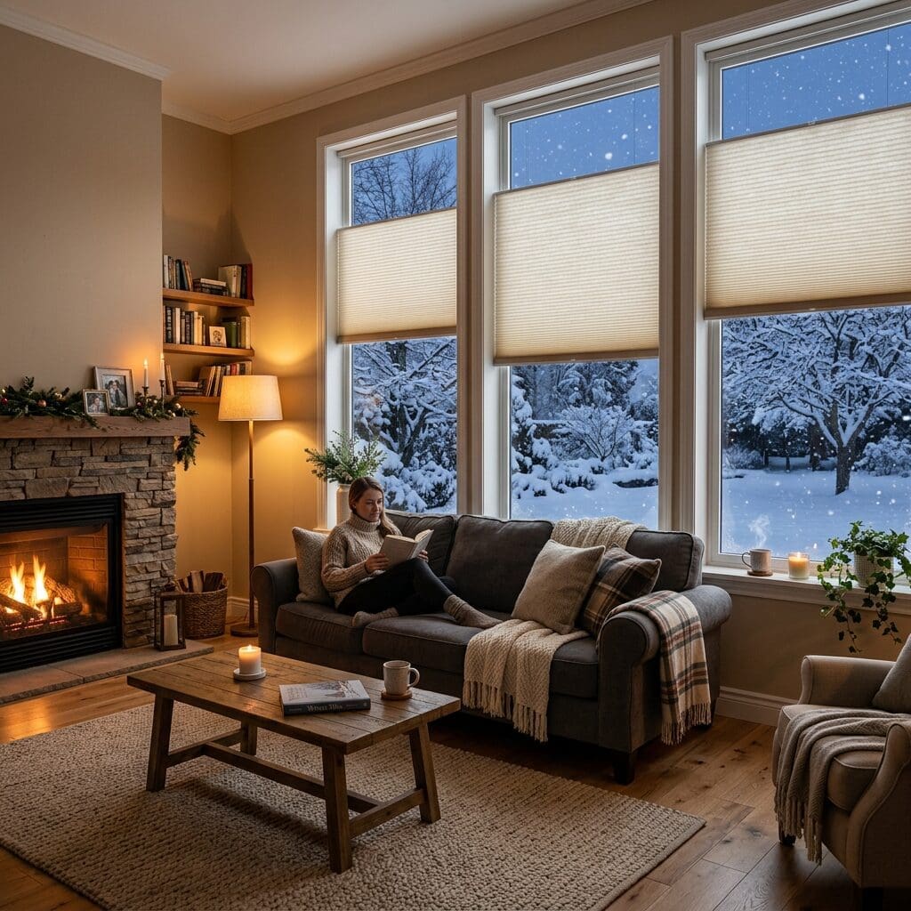 A woman reads a book in a comfortable living room during winter. Honeycomb shades are on the windows.