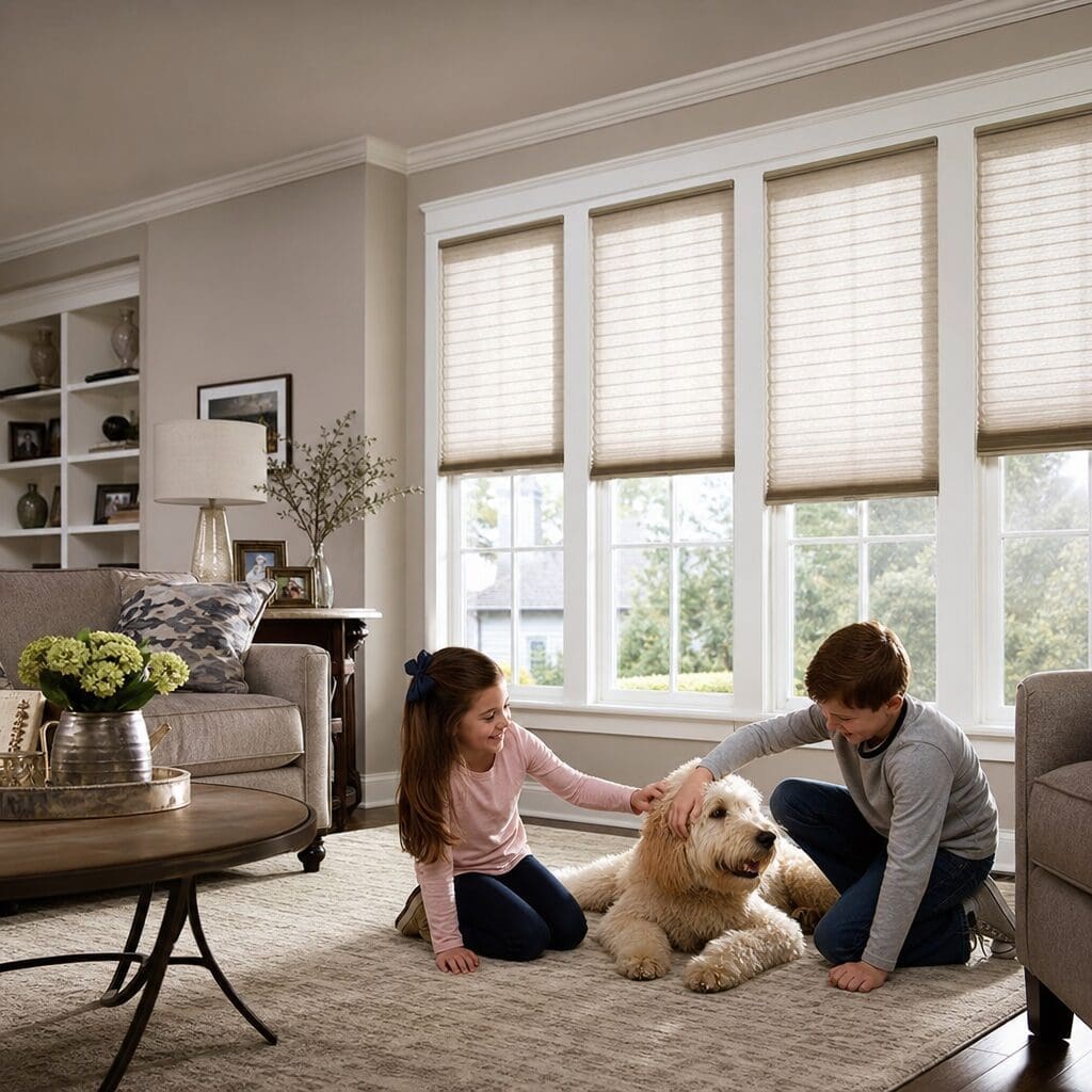 Two children play with their dog in front of a window with roller shades.