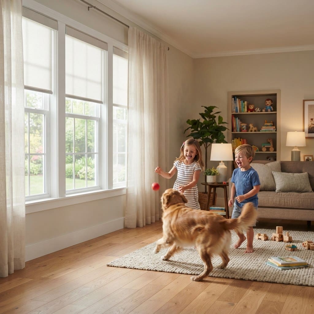 Two children play with their dog in-doors. Cordless solar shades are on the window.