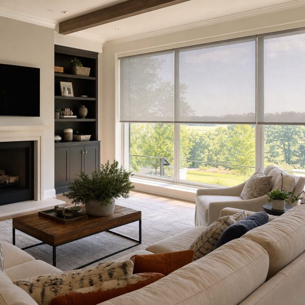 Solar shades are on large windows of a comfortable living room.