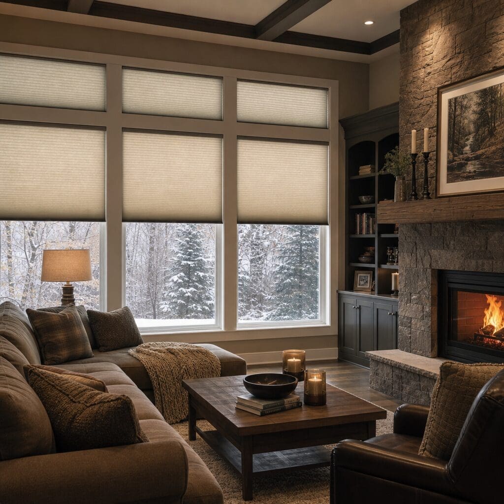 A living room stays cozy on a winter day with insulating cellular shades on the windows.