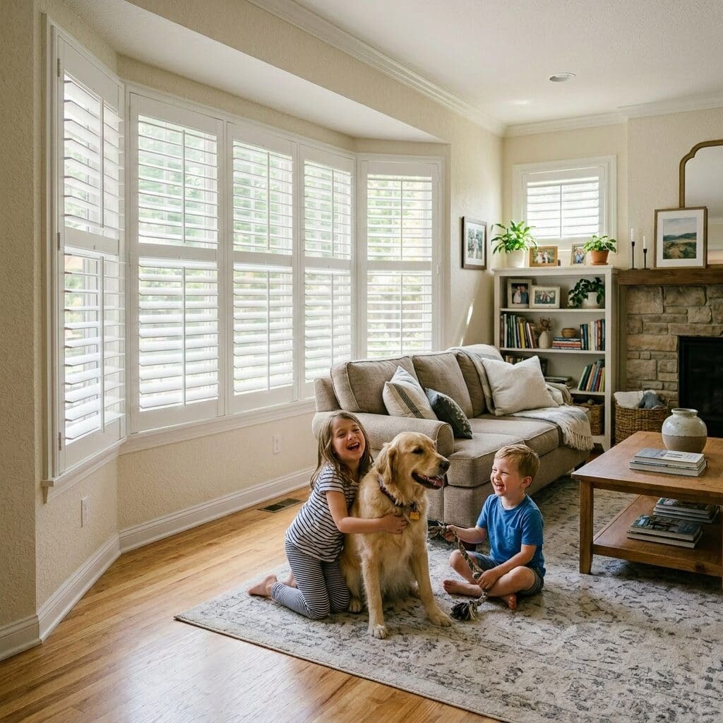 Children in a living room play with their dog. The windows have plantation shutters.