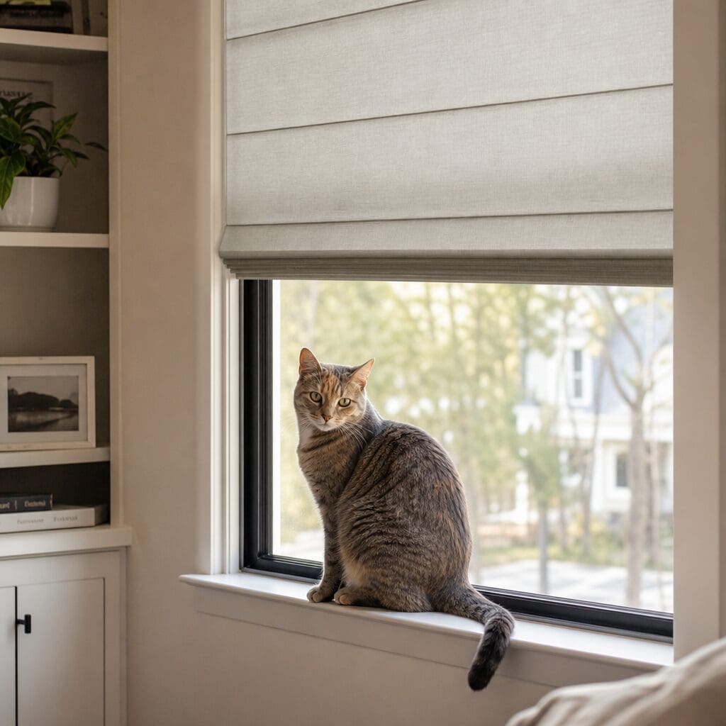 A cat sits safely in a window with roman shades that are without cords.