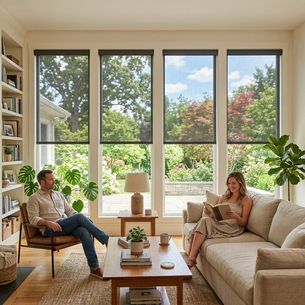 A couple relaxes in comfort in their living room. The large windows are covered by solar shades to block glare.